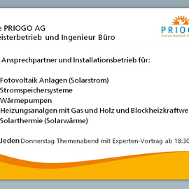 PRIOGO AG - Meisterbetrieb und Ingenieur Büro - für Photovoltaik, Stromspeicher, Wärmepumpe, Gas- und Peleltheizung, Blockheizkraftwerk