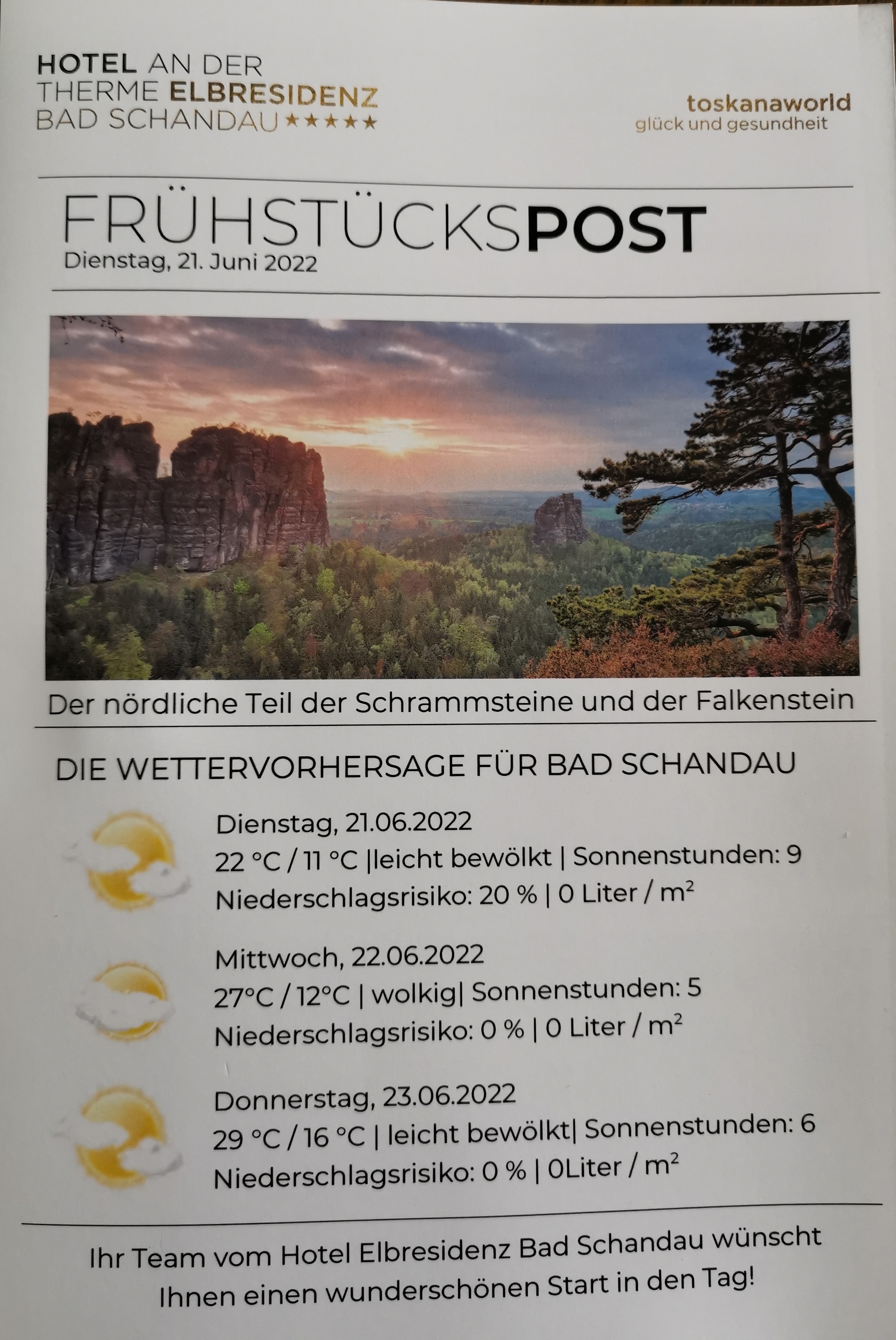 Hotel-Info beim Frühstück, in 6-22