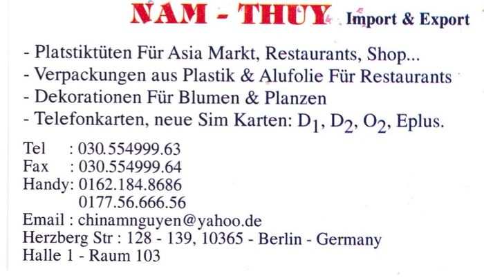 Nutzerbilder Import & Export NAM THUY - Dekoration, Telefonkarten, Tüten, Verpackungen - Halle 1, Raum 103