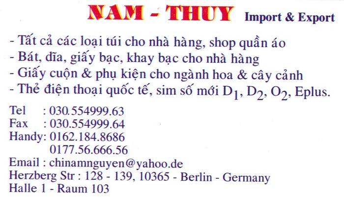 Nutzerbilder Import & Export NAM THUY - Dekoration, Telefonkarten, Tüten, Verpackungen - Halle 1, Raum 103