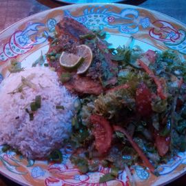 Papageien Fish Filet, serviert mit einem Saison-Salat mit Maracuja-Balsamico-Creme und Reis (21.- &euro;)