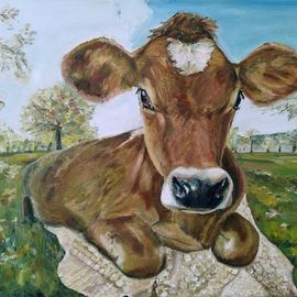 Kuh auf der Decke im Garten, Ölgemälde auf Leinwand, 55 x 56 cm