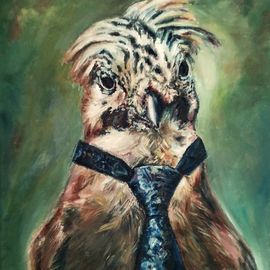 Vogel mit Krawatte, Ölgemälde auf Leinwand, 40 x 30 cm