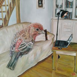 Vogel zu Hause, Ölgemälde auf Leinwand, 40 x 40 cm
