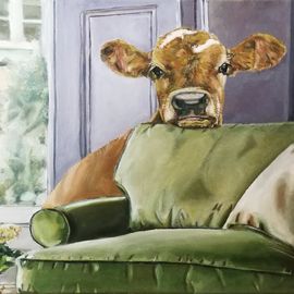 Hortensia, die Kuh @ Sofa, Ölgemälde auf Leinwand, 70 x 50 cm