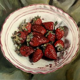 Erdbeeren, rot auf grün, Öl auf Leinwand, 40 x 30 cm