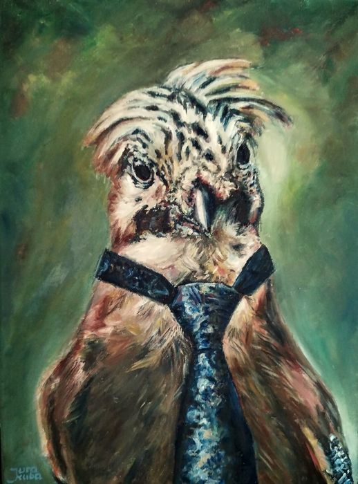 Vogel mit Krawatte, Ölgemälde auf Leinwand, 40 x 30 cm