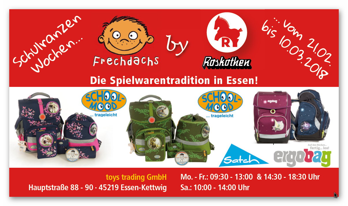 Schulranzen, Schulrucksack Wochen bei Frechdachs by Roskothen, Spielwaren in Essen Kettwig. Ganzjährig führen wir ein Super Angebot an Schulranzen und Schulrucksäcken für die 1. - 5. Klasse!