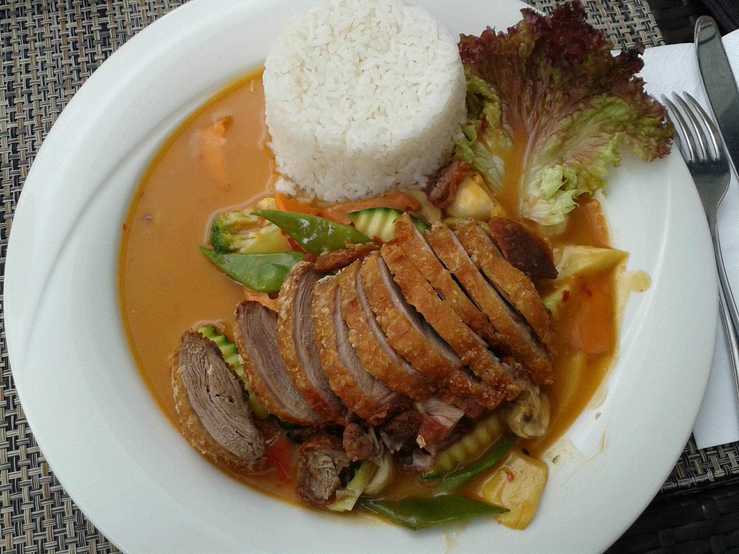 Reis und Ente mit Vietha-Sauce.