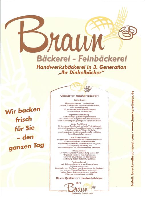 Info-Blatt der Bäckerei Braun