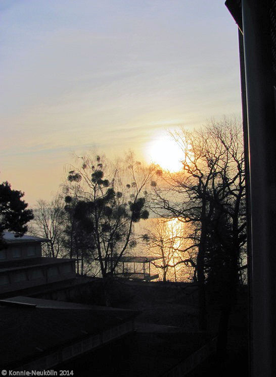 Sonnenaufgang über dem Templiner See, von unserer Terrasse aus gesehen.