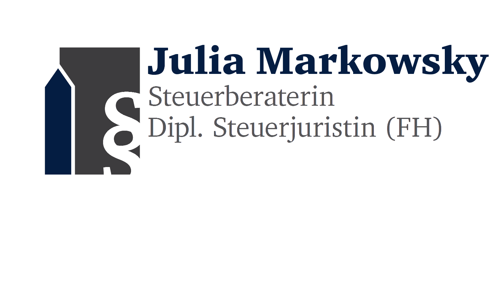 Stilisierter Stift und Mappe mit Paragraphenzeichen sowie dem Text Julia Markowsky Steuerberaterin Dipl. Steuerjuristin (FH)