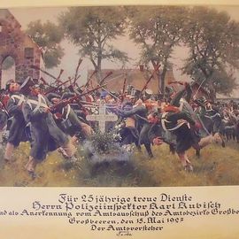 Kampf um den Kirchhof Gro&szlig;beeren am 23.8.1813 nach einem Gem&auml;lde von C. R&ouml;chling auf einer Urkunde von 1927 im Museum des Teltow (W&uuml;nsdorf)