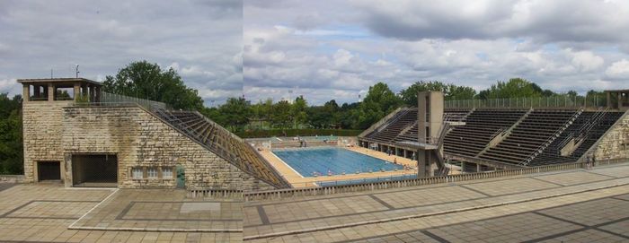 Sommerbad Olympiastadion - das ehemalige olympische Schwimmstadion von 1936. Nicht ganz gelungene Panoramaaufnahme.