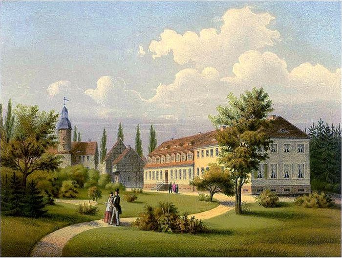 Das Neue Schloss Baruth - Farblithographie von ca. 1860 (gemeinfrei bei wikimedia)
