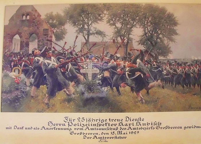 Kampf um den Kirchhof Großbeeren am 23.8.1813 nach einem Gemälde von C. Röchling auf einer Urkunde von 1927 im Museum des Teltow (Wünsdorf)