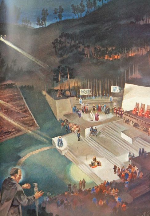Farbige Illustration von 1936 der Aufführung des 'Frankenburger Würfelspiels' in der Waldbühne während der Olympiade