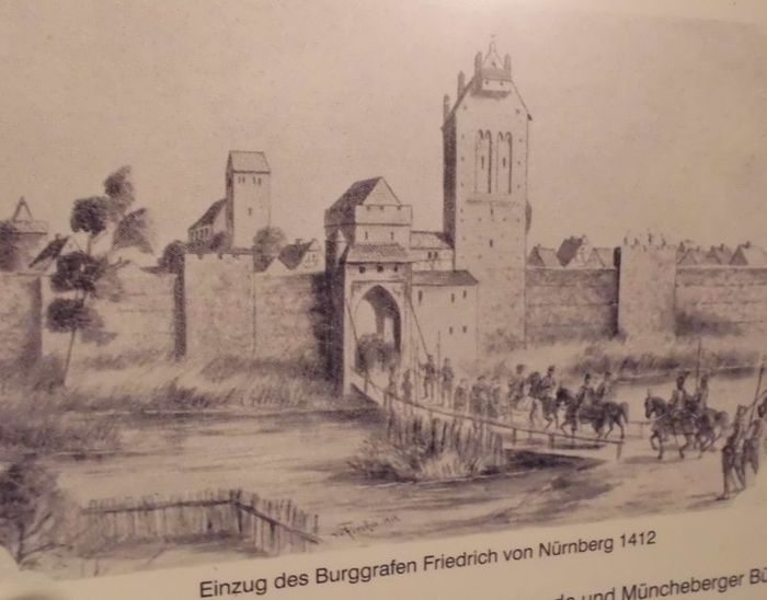 Einzug des Burggrafen Friedrich VI. v. Nürnberg (Haus Hohenzollern, ab 1415 Markgraf v. Brandenburg) 1412 durchs Berliner Tor