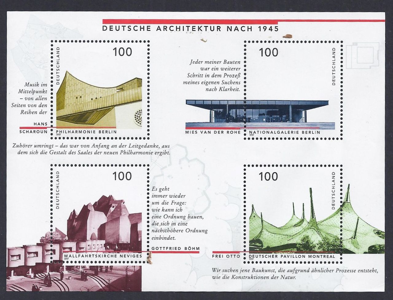 Philatelie: Block 4x100 Pfennige BRD &apos;Deutsche Architektur nach 1945&apos; von 1997