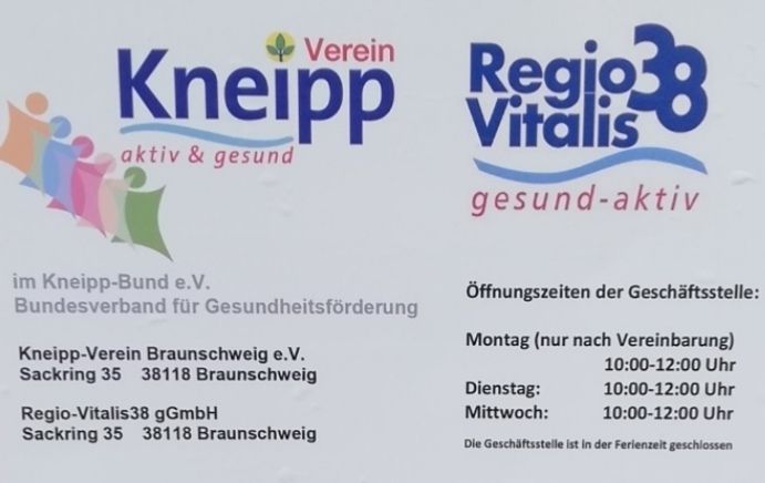 Der Kneipp-Verein Braunschweig e.V. hat Öffnungszeiten dienstags 10-12 Uhr und mittwochs 10-12 Uhr