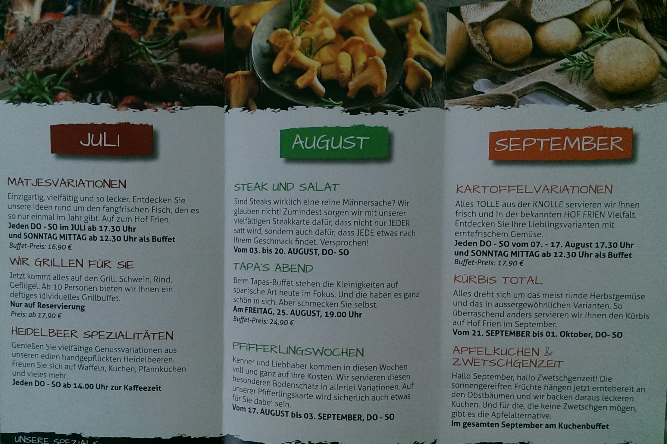 Auszüge der Speisekarte für Juli, August und September