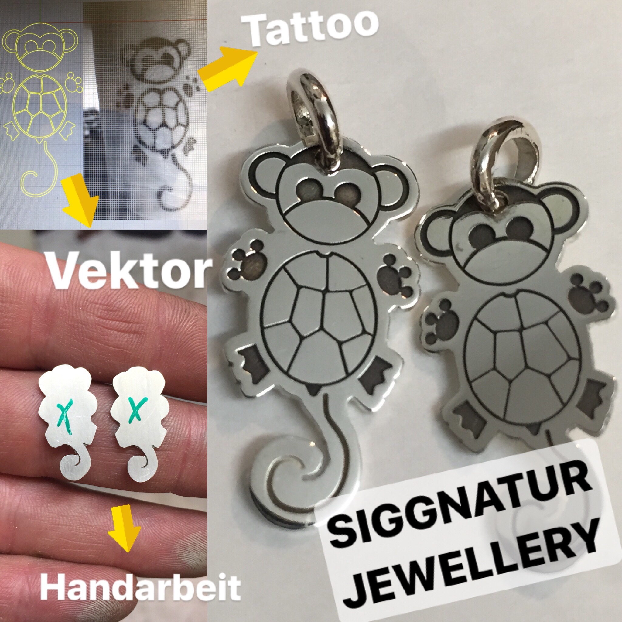 Tattoo Schmuck von Siggnatur – Dein Tattoo als einzigartiges Schmuckstück!
·
Schicke uns dein Tattoo und deine Vorstellungen und wir fertigen dir deinen individuellen Tattoo Schmuck.
·
Verschenke deinen Tattoo Schmuck an Deine Freunde oder Familie.
·
Das Beispiel zeigt ein Anhänger Paar mit einem Fantasie – Tier als Motiv, welches die Kundin als Tätowierung auf dem Körper trägt. 
Der Tattoo Schmuck Anhänger war für das gemeinsame Baby gedacht.