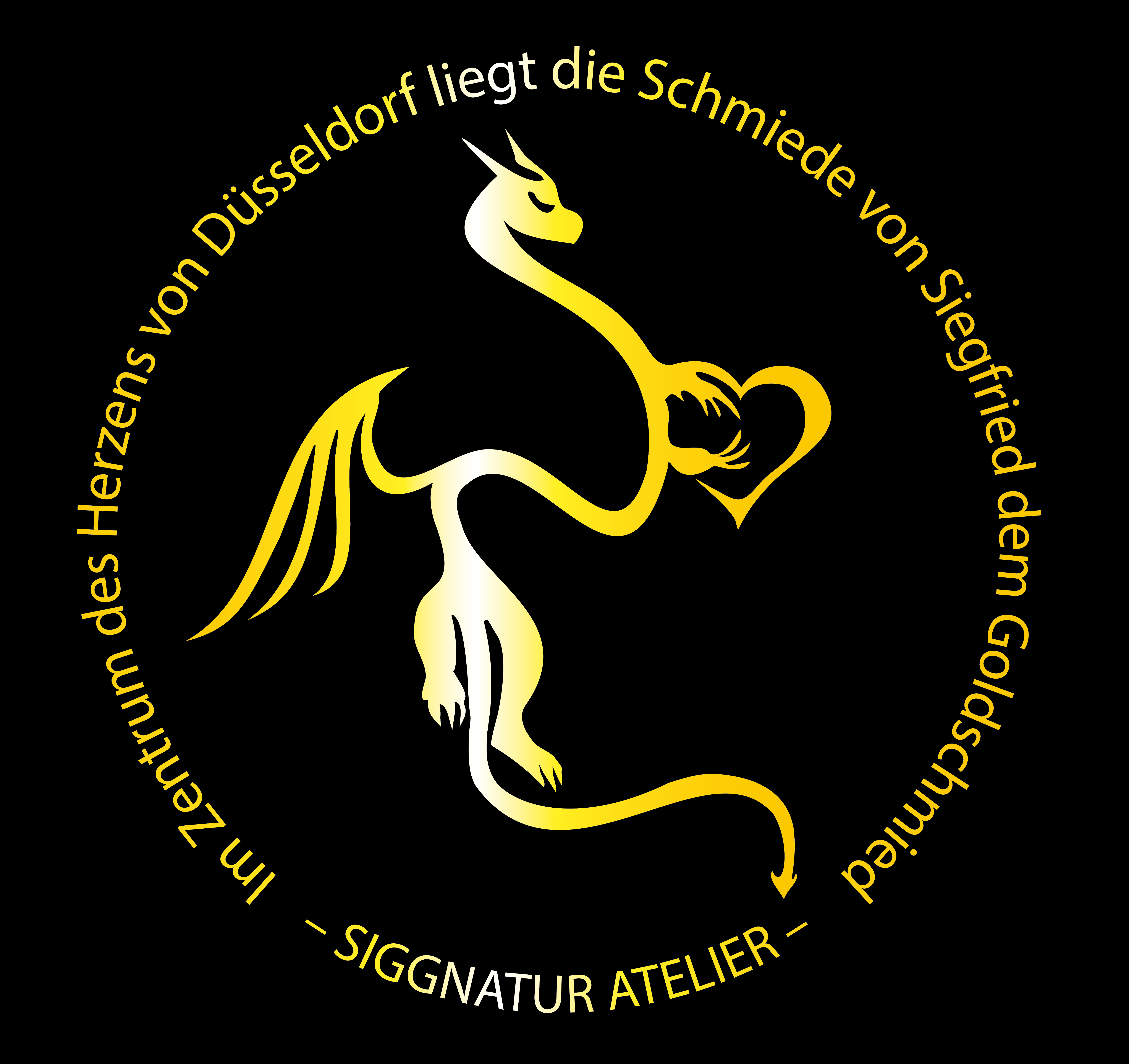 Der Rheingold Drache von Siegfried dem Goldschmied. Der Rheinverlauf von Düsseldorf als Drache mit dem Standort von Siggnatur Atelier im Herzen.