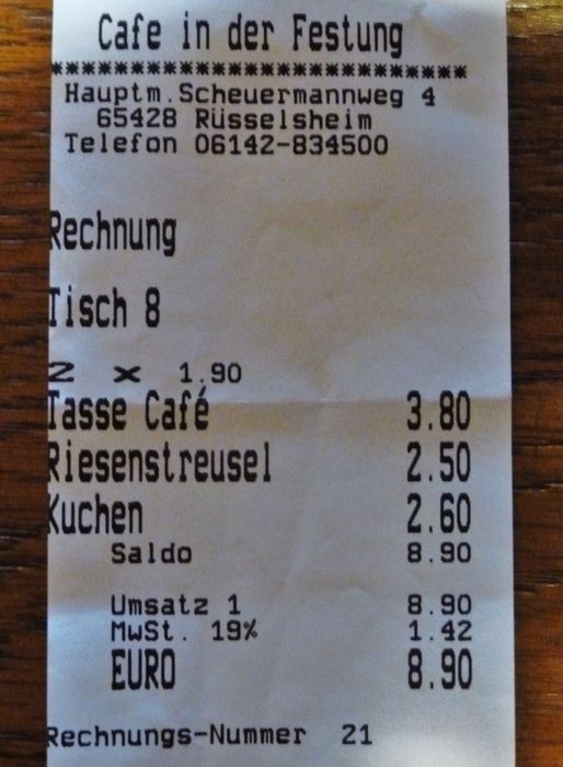 Rüsselsheim Cafe in der Festung Rechnung