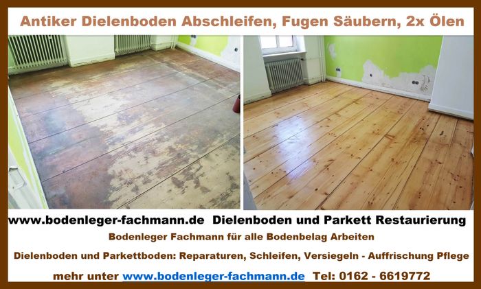 Dielenboden-Sanierung Abschleifen und Aufbereitung. Hier arbeitet der Chef noch selbst. Freiherr von Werthern Homepage www.bodenleger-fachmann.de