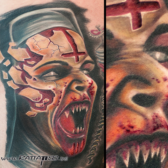 Evil Nun. Horror-Tattoo aus dem Rattattoo Tattoostudio in Freiburg.