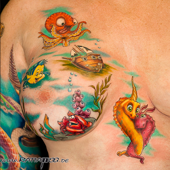 Unterwasser Hubbel Comicfiguren auf der Schatzsuche comictattoo farbige tattoo colortattoo tattoostudio freiburg