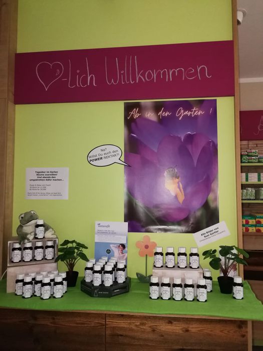 Innenraum der froschAPOTHEKE in der Münchener STrasse Aktionstisch zum Thema Mehr Power - mehr Relaxen mit Vitaminen, Mikronährstoffen und <pflanzenextrakten aus Rhodilola und Ashwaganda