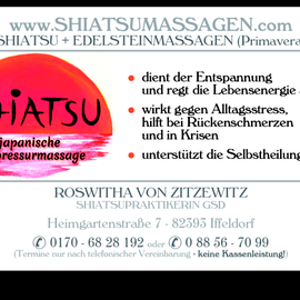 SHIATSUMASSAGEN.com-Praxis Roswitha von Zitzewitz SHIATSUEXPERTIN - GSD zertifiz. (Gesellschaft für SHIATSU Deutschland) Expertin für SHIATSU = japanische Akupressurmassage und Edelsteinmassagen (Primavera) in Iffeldorf