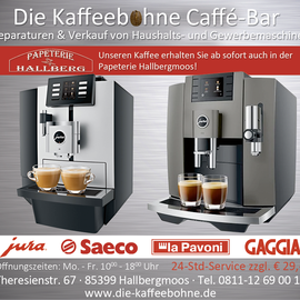 Kaffeemaschinen Service „Jura und Jura Gastro“
Reparatur in eigener Werkstatt, Beratung und Verkauf von Jura Neugeräte.
Probieren Sie doch unseren eigenen Kaffee Barista oder Caffe Agust aus Italien . Cromoso, Elegante, Gentille, ORO, Kaffee Quo. über einen Besuch würden wir uns freuen.  Die-Kaffeebohne Bayern