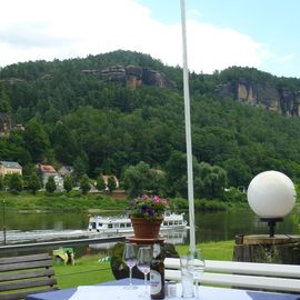 Blick von der Ziegelscheune über die Elbe zu den Schrammsteinen