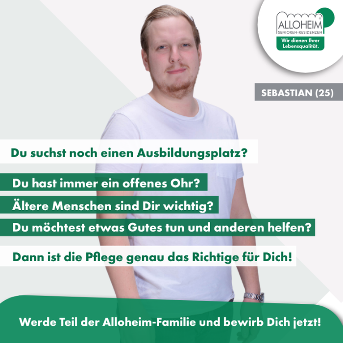 Für Kurzentschlossene: Du bist auf der Suche nach einer Ausbildung zur Pflegefachfrau/ zum Pflegefachmann in einer Branche, die Dir langfristig Perspektiven aufzeigt? In der Du Dich als Mensch entwickeln kannst? Und wo garantiert keine Langeweile aufkommt? Dann bewirb Dich jetzt bei der Alloheim-Unternehmensgruppe für eine sichere Zukunft.

Wir bieten: 
🏢 Einen sicheren Arbeitsplatz 
📈 Vielfältige Entwicklungsmöglichkeiten 
💶 Top-Ausbildungsgehalt
✅ Abwechslungsreiche Aufgaben
🎯 Kompetentes Team an Deiner Seite

Wenn Du diese Chance nutzen willst und dazu auch noch jede Menge Herzblut mitbringst, dann bewirb Dich noch heute.