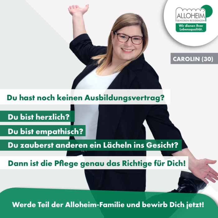 Für Kurzentschlossene: Du bist auf der Suche nach einer Ausbildung zur Pflegefachfrau/ zum Pflegefachmann in einer Branche, die Dir langfristig Perspektiven aufzeigt? In der Du Dich als Mensch entwickeln kannst? Und wo garantiert keine Langeweile aufkommt? Dann bewirb Dich jetzt bei der Alloheim-Unternehmensgruppe für eine sichere Zukunft. Wir bieten: 🏢 Einen sicheren Arbeitsplatz 📈 Vielfältige Entwicklungsmöglichkeiten 💶 Top-Ausbildungsgehalt ✅ Abwechslungsreiche Aufgaben 🎯 Kompetentes Team an Deiner Seite Wenn Du diese Chance nutzen willst und dazu auch noch jede Menge Herzblut mitbringst, dann bewirb Dich noch heute.